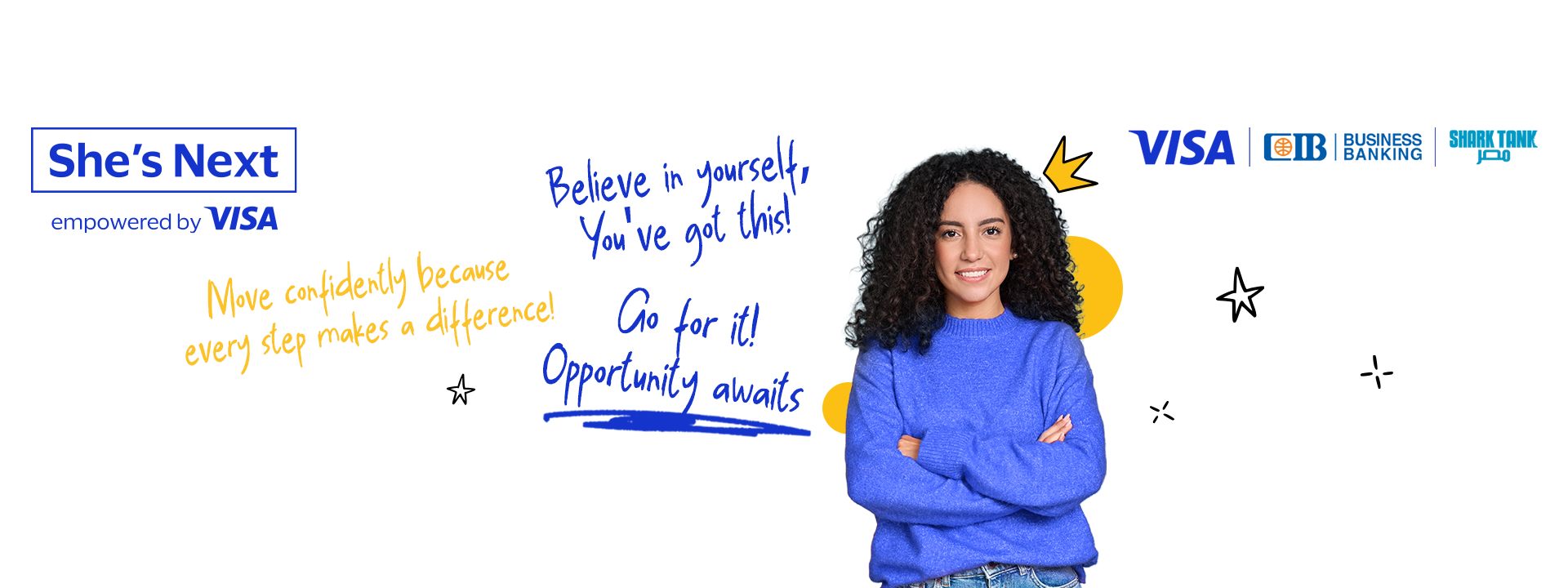 Young woman with curly hair stands confidently in a blue sweater. Positive affirmations in blue and orange text surround her with doodles, alongside Visa logos.