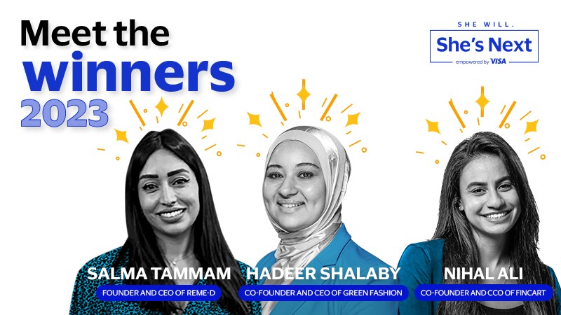 Meet the winners 2023: Salma Tammam, Hader Shalaby, Nihal Ali. She's next logo.