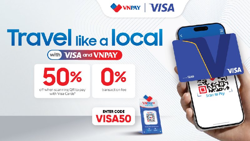 Travel promotion for VNPay and Visa shows a smartphone with a QR code, a Visa card graphic, and text offering 50% off QR payments, no transaction fee.