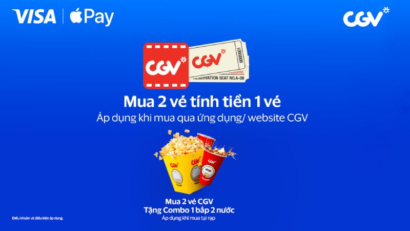Promotional banner in blue background with CGV and Visa Apple Pay logos. Text offers a "buy 2 tickets, pay for 1" deal with popcorn and drinks.
