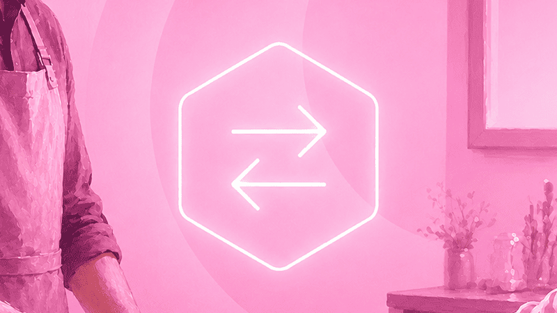 Glowing two-way arrow icon representing exchange or transfer in a retail workspace