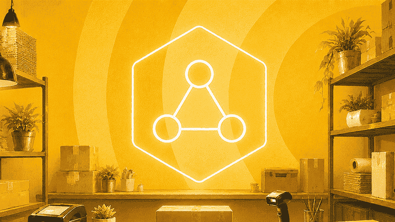 Glowing network connection icon displayed in a warehouse or stockroom setting