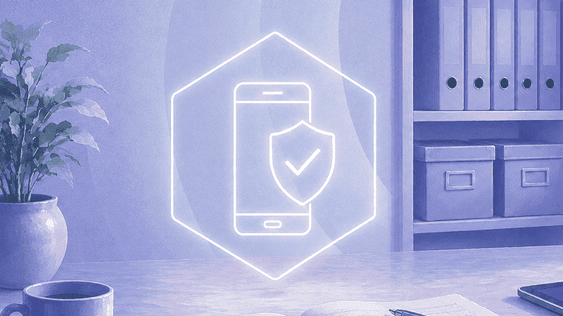 Glowing mobile security icon with a shield and check mark above an office desk